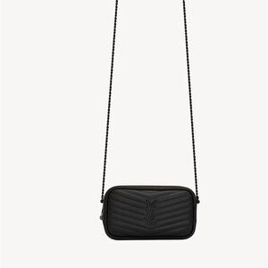 Saint Laurent Paris YSL Monogram Chevron Mini Lou Bag in peppeled black leather.